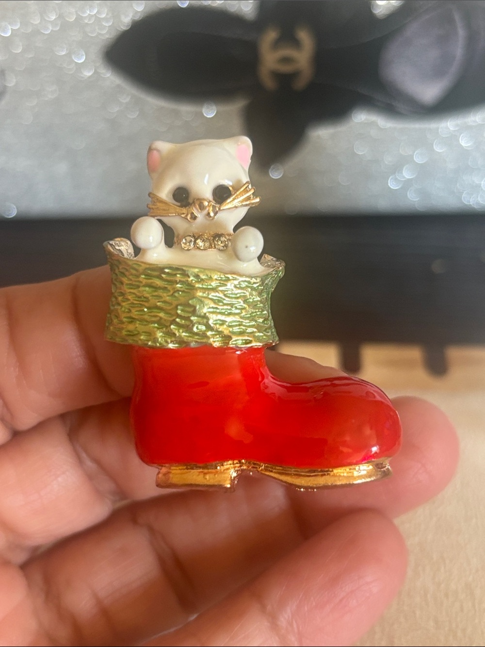 Cute Red Boot Cat Enamel Pin with Green Trim